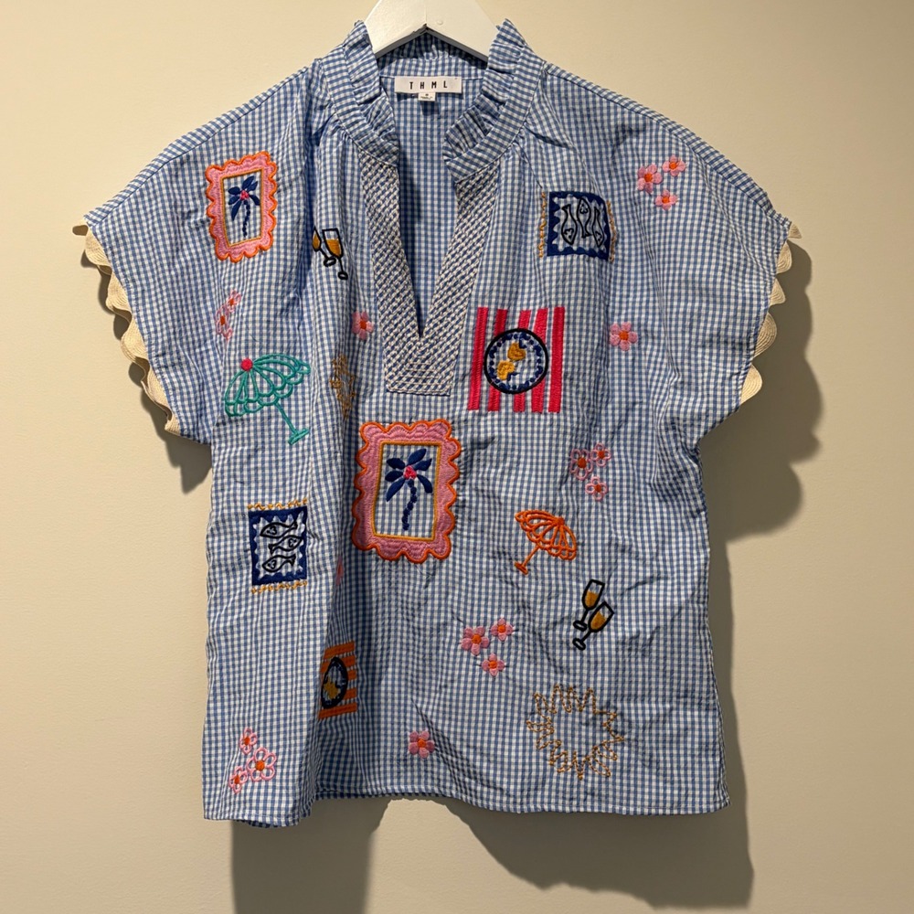 THML Blue Gingham Embroidered Tropical Beach Summer Blouse FTM3296-1-BL Small